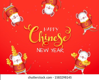 Happy Chinese New Year Font with Cartoon Character of Rat holding Ingots in Dancing Pose on Orange Background.