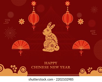 Happy Chinese New Year Font With Elegant Rabbit, Folded Fans And Traditional Lanterns Hang On Red Heaven Temple Background.