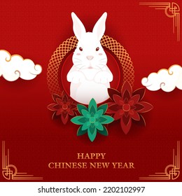 Happy Chinese New Year Font With Cute Rabbit, Paper Cut Flowers And Clouds On Red Traditional Pattern Background.