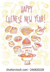 Happy Chinese New Year food themed greeting card. Vector freehand illustration isolated on white background