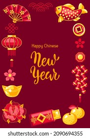 Happy Chinese New Year frame. Background with talismans and holiday decorations. Asian tradition symbols.