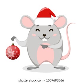 Happy Chinese New Year. Funny cartoon rat holds Christmas tree ball. Vector illustration on white background. 