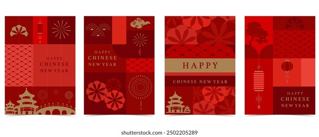 Happy Chinese New Year geometric background with firework,lantern.Editable vector illustration for vertical A4 design