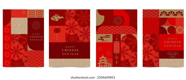 Happy Chinese New Year geometric background with firework,lantern.Editable vector illustration for vertical A4 design