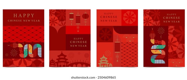 Happy Chinese New Year geometric background with firework,lantern.Editable vector illustration for vertical A4 design