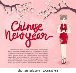 Happy Chinese new year with  Chinese girl in red dress holding envelope and peony flower background, flat design vector illustration. 