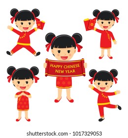 Happy chinese new year girl in traditional clothes celebrate. Set of character cartoon isolated on white background.
