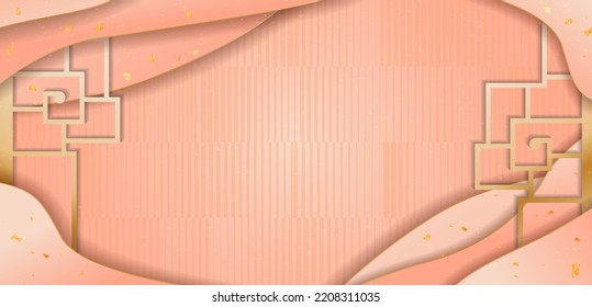 Happy chinese new year with gold paper layer and craft style. Pink background template. asian style frame and ornament. Elegant background and pattern.