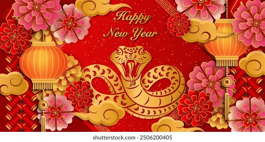 Happy Chinese new year gold relief snake flower lantern cloud and spring couplet. Chinese Translation : Prosperity