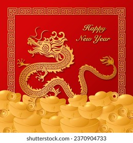 Happy Chinese New Year golden dragon paper cut art and ingot squre spiral frame