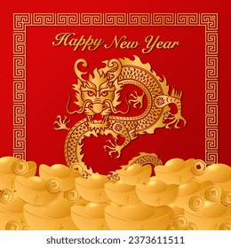 Happy Chinese New Year golden dragon paper cut art and ingot squre spiral frame