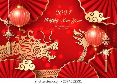 Happy Chinese new year golden red relief dragon lantern spiral cloud and round fan. Chinese translation : New year of dragon