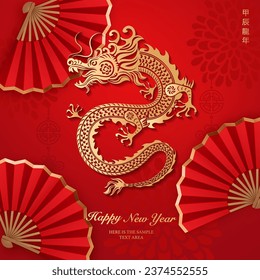 Feliz año nuevo chino, dragón rojo dorado de alivio y fanático plegable. Traducción china : Año nuevo del dragón