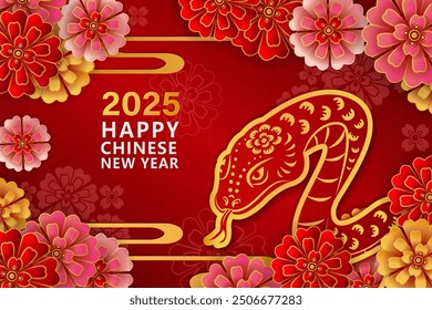 Happy Chinese new year of golden relief snake and round peony flower curve wave