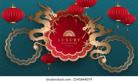 Happy Chinese New Year, golden dragons with round frame, textured turquoise card.