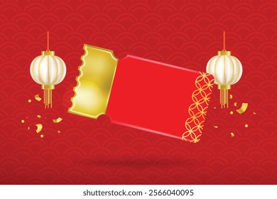 Happy chinese new year golden coupon gift voucher with lantern,asian elements gold paper cut style on color background.