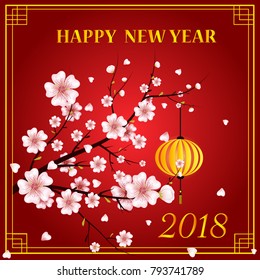 Happy Chinese New Year - golden text of 2018 and zodiac for dogs and a gold vector frame of design, cherry branch, Chinese lantern.
