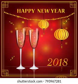 Happy Chinese New Year - golden text of 2018 and golden vector design, cherry branch, Chinese lantern, two glasses of champagne