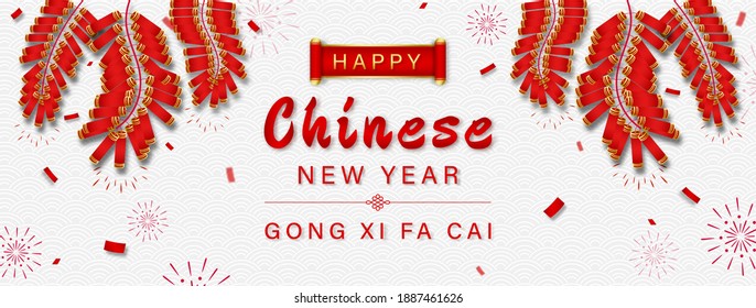 Happy Chinese new year GONG XI FA CAI text on oriental wave pattern  banner background with firecrackers  