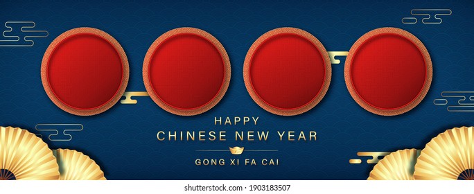 Feliz año nuevo chino y el banner de Gong Xi Fa Cai fondo azul con círculos rojos vacíos para tus textos o fotos sobre el patrón de las olas orientales