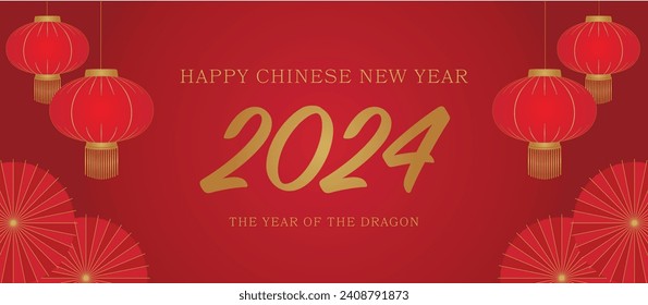 Happy Chinese New Year Graphic 2024 The Year of the Dragon Chinese Lanterns and Paper Umbrellas
