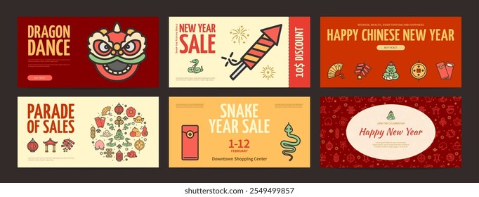 Feliz Año Nuevo Chino de Serpiente de Madera Verde Cartel Horizontal Tarjeta de Anuncio Plantilla Set Incluye de Traje de Baile de León y Venta. Ilustración vectorial