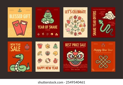 Happy Chinese New Year of Green Wooden Snake Concept Vertical Invitation Placard Poster Banner Card Template Set. Vector illustration of Congratulation and Sale Cards