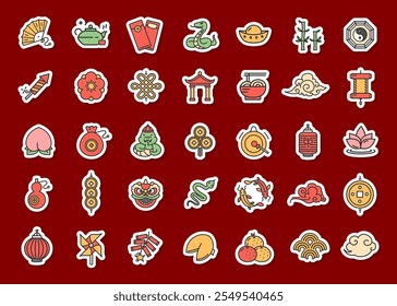 Happy Chinese New Year of Green Wooden Snake Sticker Color Thin Line Icon Set Include of Firework, Lantern and Ingot. Vector illustration