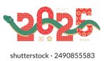 Happy Chinese new year greeting banner with snake intertwined with number 2025. Horizontal card with big figures decorated with traditional patterns. Translation - Happy new year, snake. Vector eps10