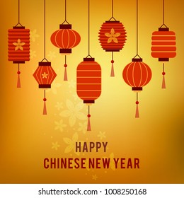 Happy Chinese new year greeting card. Lantern elements on gold background. Vector illustration.