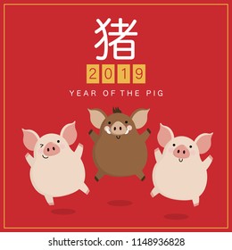 Happy Chinese new year greeting card 2019 with cute pig and boar. Animal wildlife  cartoon character. Translate: Pig.
