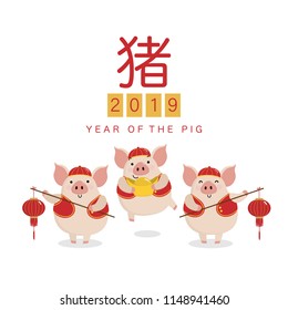 Happy Chinese new year greeting card with cute pig hold gold money and lantern. Animal cartoon character. Translate: Pig.
