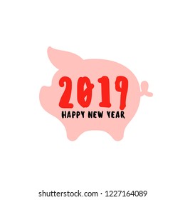 Happy Chinese New Year greeting card with pig silhouette and 2019 lettering isolated on white background