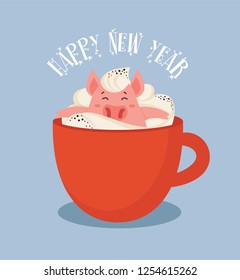 Happy Chinese New Year greeting card , year of a pig. Cute and funny piglet chilling in a cup of winter drink. Excellent for the design of postcard, poster, sticker, banner and so on. 