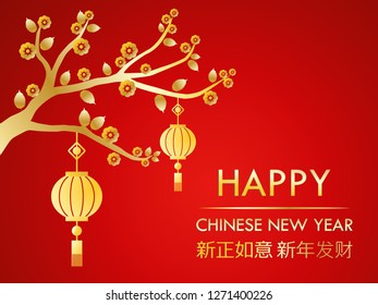 Happy Chinese New Year greeting card on red background