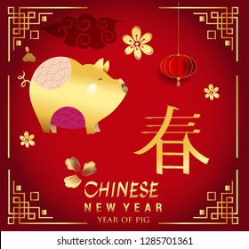 Happy Chinese New Year greeting card with traditional asian patterns, oriental flowers and clouds on red. Vector illustration. Hieroglyph - Zodiac Sign Pig