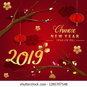 Happy Chinese New Year greeting card with traditional asian patterns, oriental flowers and clouds on red. Vector illustration. Hieroglyph - Zodiac Sign Pig