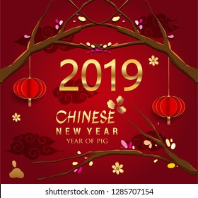 Happy Chinese New Year greeting card with traditional asian patterns, oriental flowers and clouds on red. Vector illustration. Hieroglyph - Zodiac Sign Pig