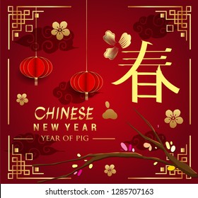 Happy Chinese New Year greeting card with traditional asian patterns, oriental flowers and clouds on red. Vector illustration. Hieroglyph - Zodiac Sign Pig