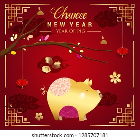 Happy Chinese New Year greeting card with traditional asian patterns, oriental flowers and clouds on red. Vector illustration. Hieroglyph - Zodiac Sign Pig