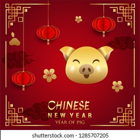 Happy Chinese New Year greeting card with traditional asian patterns, oriental flowers and clouds on red. Vector illustration. Hieroglyph - Zodiac Sign Pig
