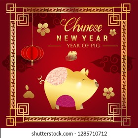 Happy Chinese New Year greeting card with traditional asian patterns, oriental flowers and clouds on red. Vector illustration. Hieroglyph - Zodiac Sign Pig