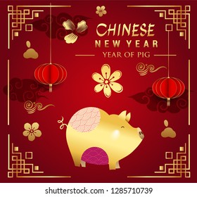 Happy Chinese New Year greeting card with traditional asian patterns, oriental flowers and clouds on red. Vector illustration. Hieroglyph - Zodiac Sign Pig