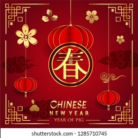 Happy Chinese New Year greeting card with traditional asian patterns, oriental flowers and clouds on red. Vector illustration. Hieroglyph - Zodiac Sign Pig