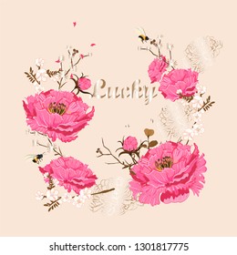 Happy Chinese New Year Greeting vector design. Chinese year ,Oriental bloom peony Sakura Blossom. Circle garden brunch. with text gold  LUCKY on light pink  background