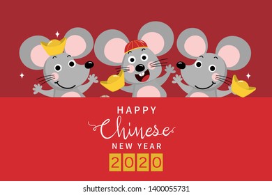 Happy Chinese new year greeting card with cute rat with gold money. Animal cartoon character. Calligraphy hand written.