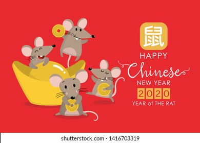 Happy Chinese new year greeting card. 2020 Rat zodiac. Cute mouse and gold money. Animal cartoon character set. Translate: Rat. -Vector