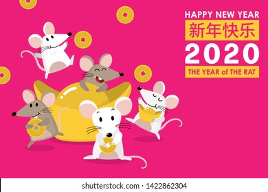 Happy Chinese new year greeting card. 2020 Rat zodiac. Cute mouse and gold money. Animal holidays cartoon character set. Translate: Happy new year. -Vector