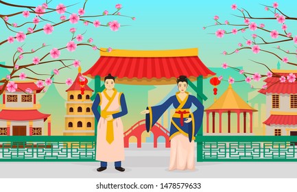 Happy Chinese New Year greeting card. Traditional chinese buildings, asian architecture chinatown with japanese chinese boy and girls. China town city landscape cartoon vector illustration