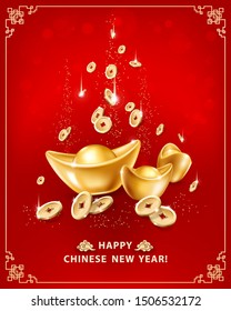 Happy Chinese New Year. Greeting Card With Realistic Gold Ingots Yuan Bao And Falling Coins On Red Background In Frame. The Wish Of Wealth, Abundance And Monetary Luck. Vector Illustration